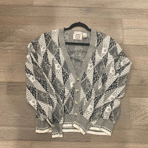 VTG Grandpa Sweater Cardigan Made in Italy Size Large Black White Gray Geometric - Picture 9 of 13